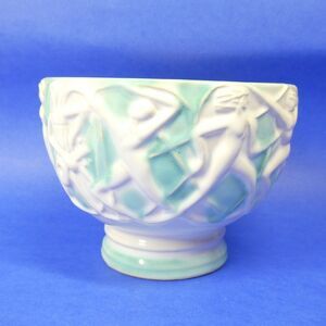 Vintage Pottery Bowl Japan Figural Woman White Green Ceramic MCM
